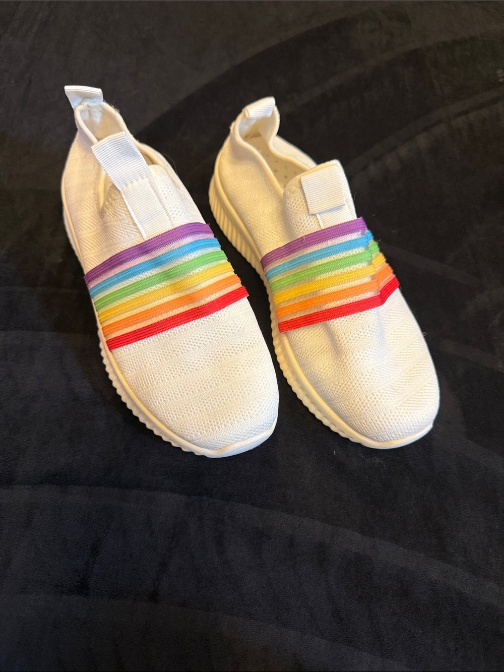 Women’s White Slip-On Sneakers with Rainbow Elastic Straps